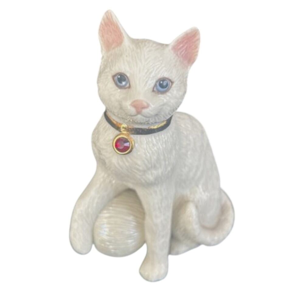 Lenox July Birthstone Kitty  Porcelain White Cat with Ruby Collar & Yarn Ball